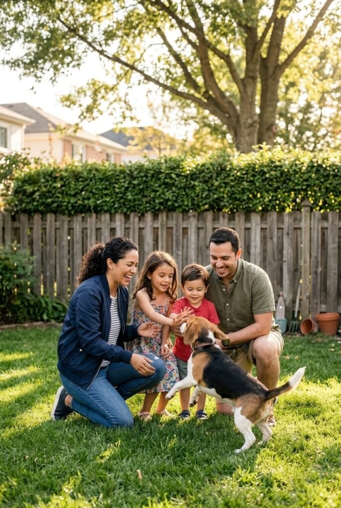 Colombian family with husband wife and two kids laughing and playing with a Beagle in a sunny backyard
