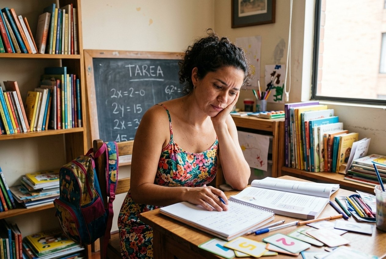 Colombian mother sitting at a home learning space surrounded by books and educational materials