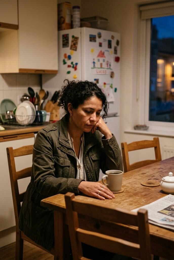 Colombian woman sitting alone at a kitchen table with a coffee cup looking thoughtful in a family home