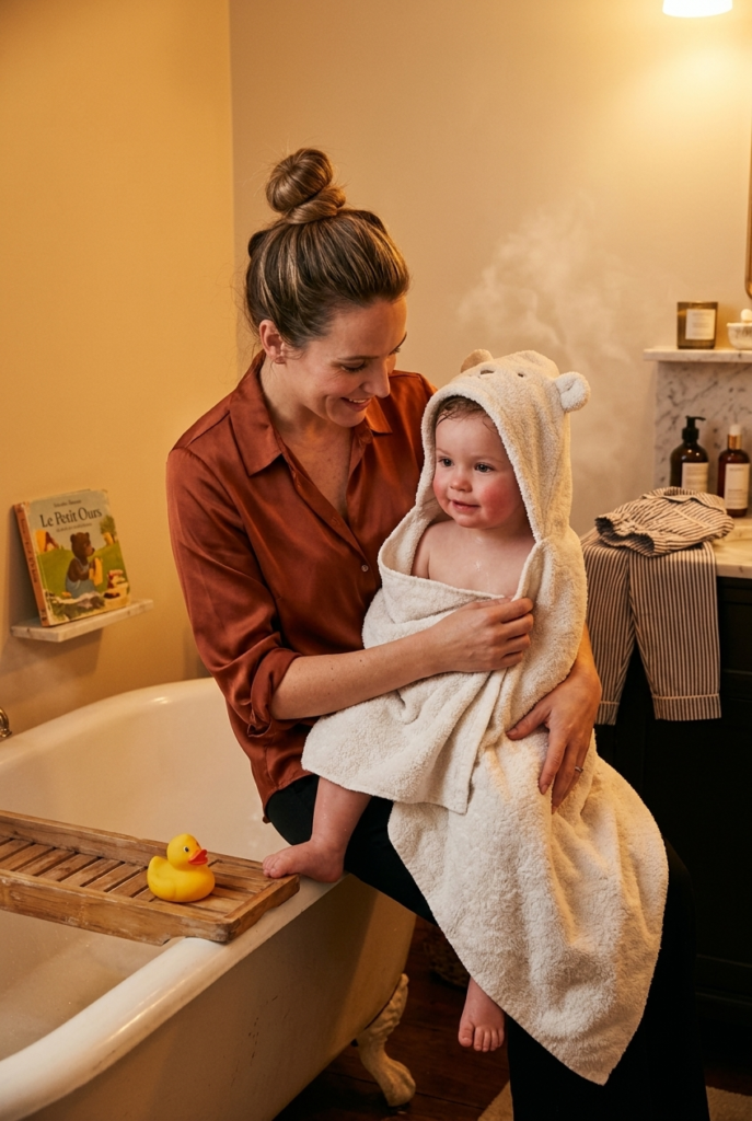 French mother wrapping toddler in towel after bath as part of nightly wind down bedtime routine