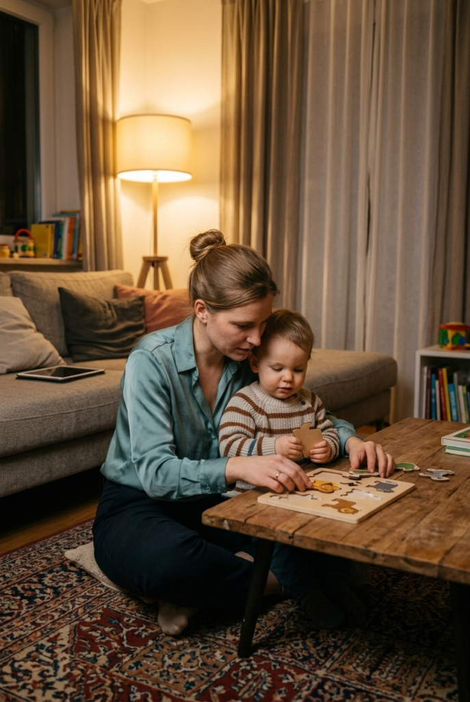 German mother and toddler doing wooden puzzle together on living room floor during screen free evening time