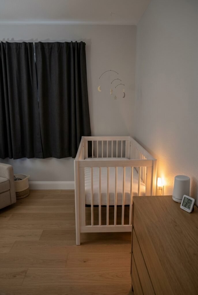 Dark quiet nursery with blackout curtains, a bare crib, and a white noise machine set to the ideal sleep temperature