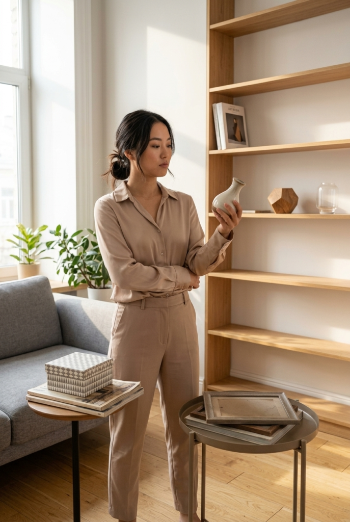 Chinese woman thoughtfully editing apartment decor keeping only carefully chosen pieces on clean uncluttered shelves