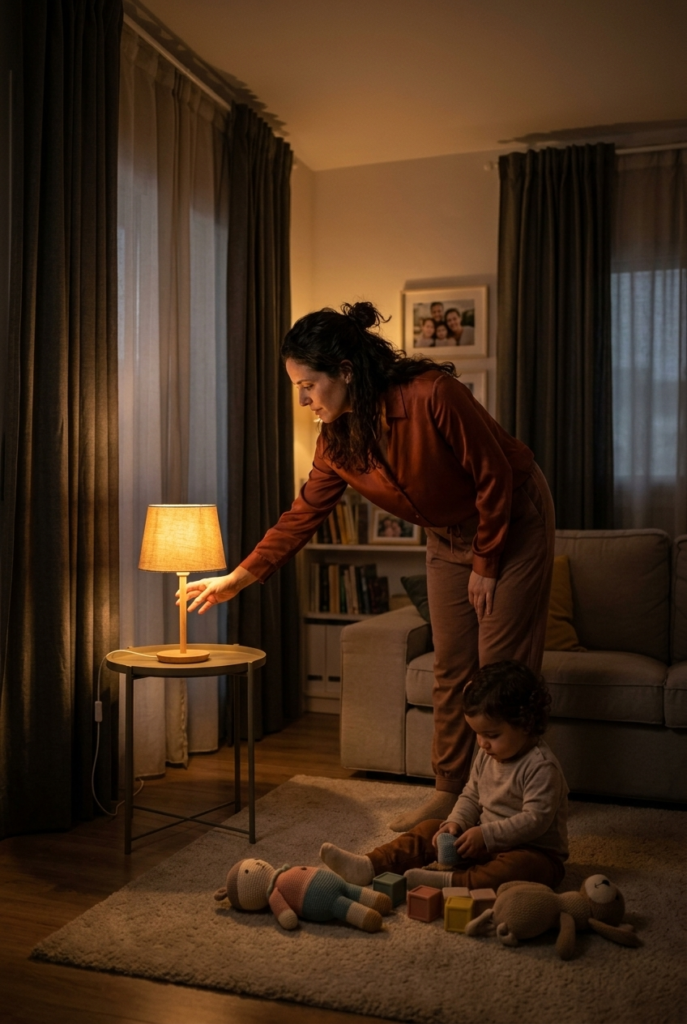 Spanish mother dimming living room lamp while toddler plays quietly before bedtime routine