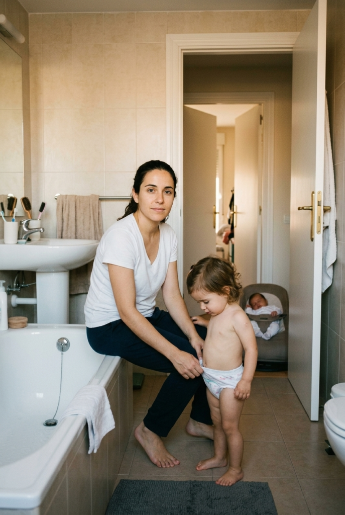 Spanish mother calmly helping her toddler change after an accident while a newborn rests in a bouncer nearby
