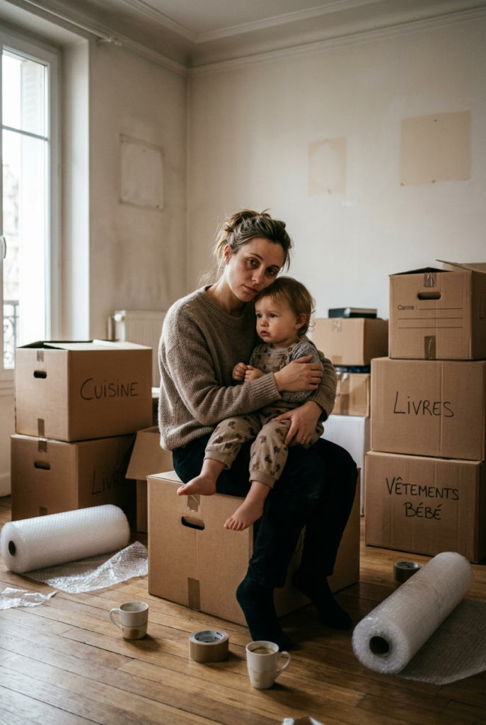 French mother sitting on a moving box holding her toddler in a half-unpacked living room