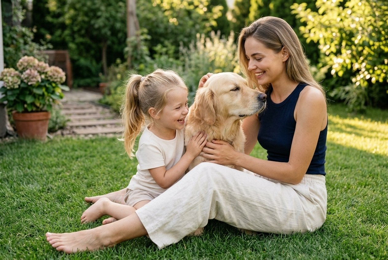 Dutch mother and daughter sitting on grass with a gentle Golden Retriever on a sunny afternoon