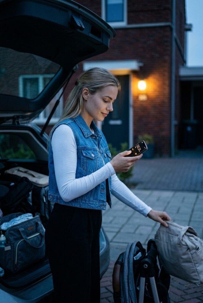 Dutch mother checking phone time at early morning driveway while loading car for baby road trip