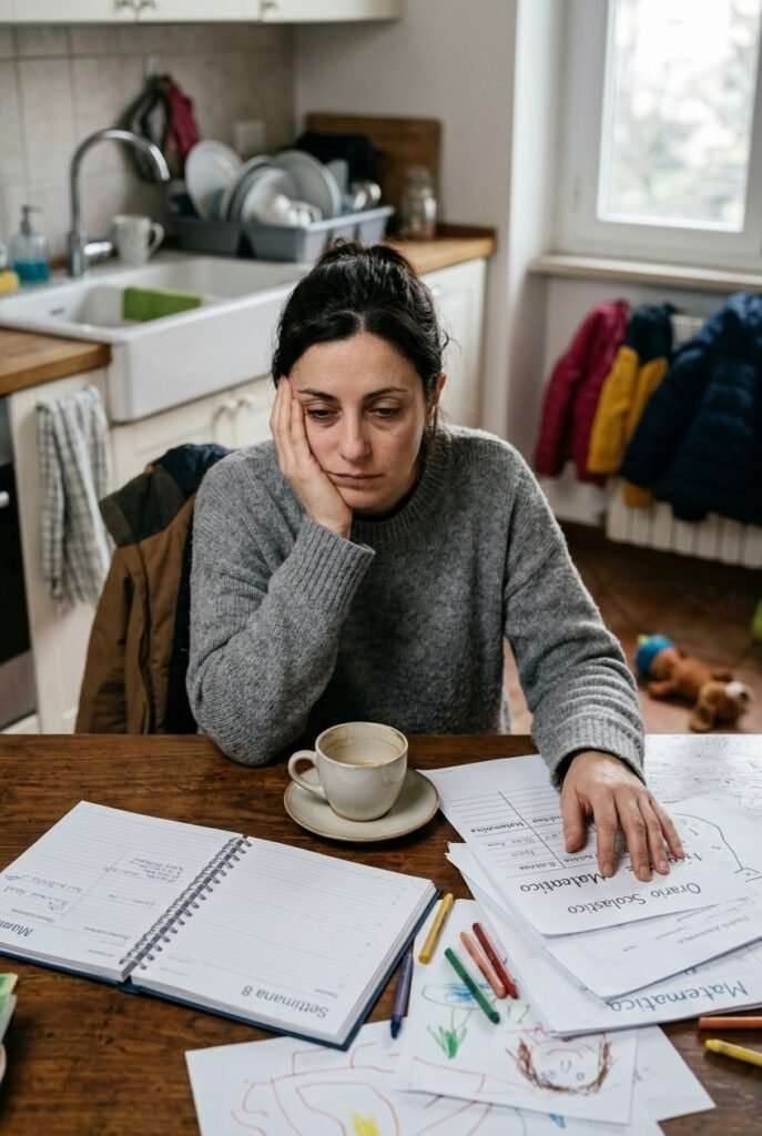 Exhausted Italian mother sitting alone at a cluttered kitchen table with homeschool papers and a cold cup of coffee