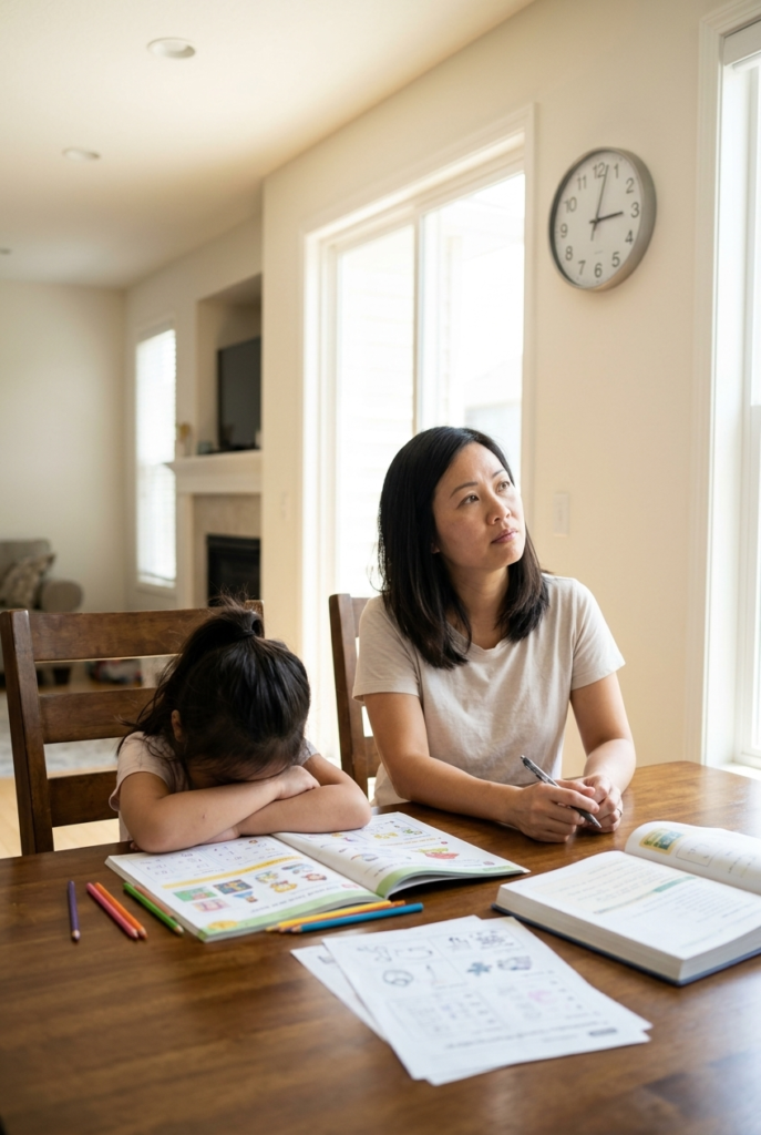 Expecting School to Last Six or Seven Hours Vietnamese homeschool mom glancing at the clock at noon while her tired child rests her head on the table over finished schoolwork.