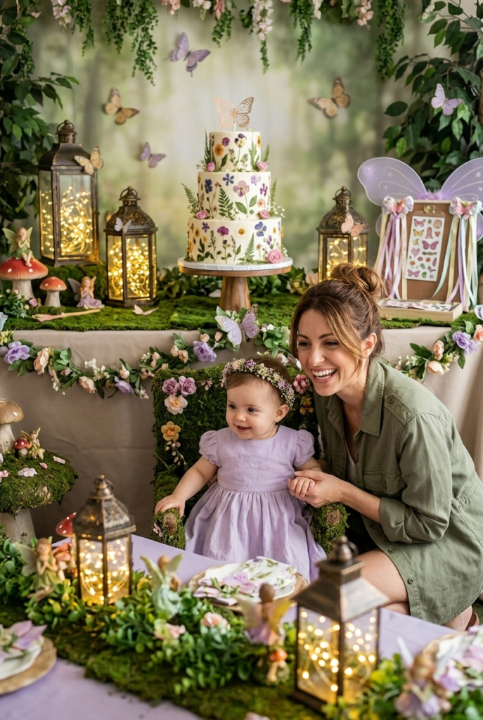 Italian mother kneeling beside baby girl at an enchanted fairy garden birthday party with butterfly decor and floral cake