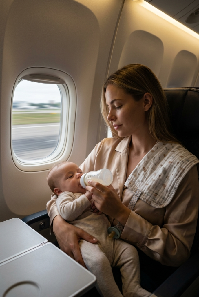 White American mother bottle feeding baby during airplane takeoff to relieve ear pressure in cabin seat
