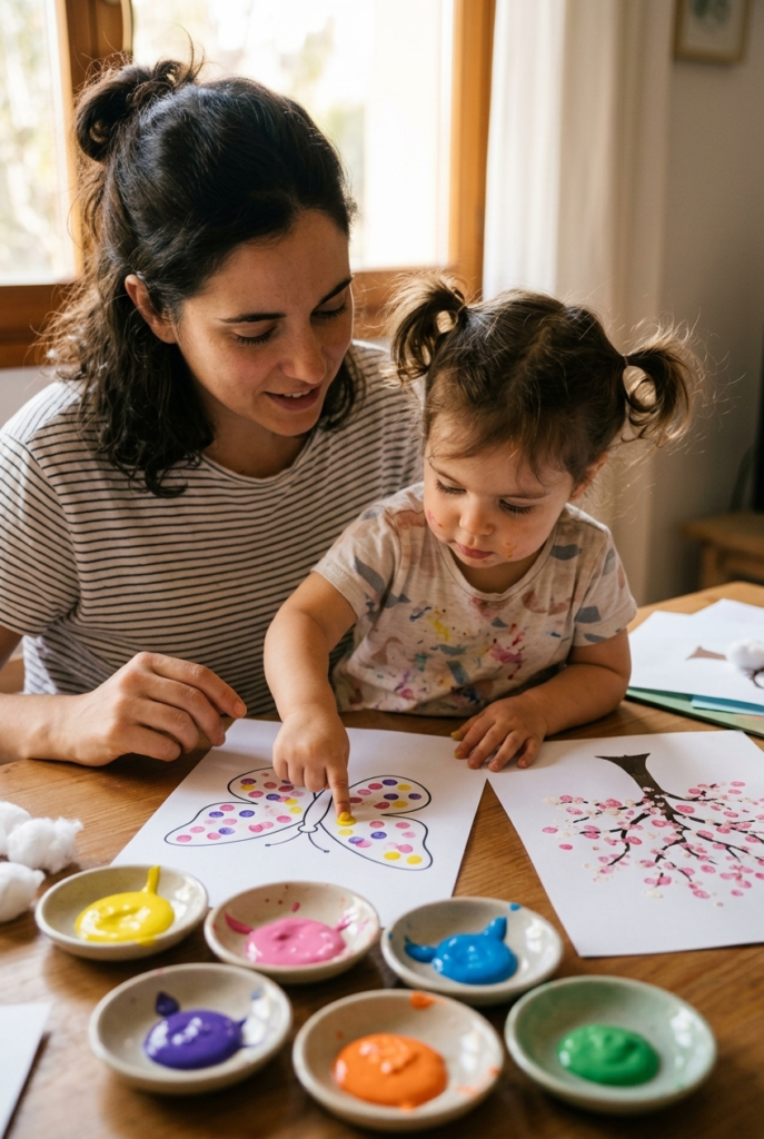 Spanish mother and toddler girl doing fingerprint dot art with colorful paint on white paper