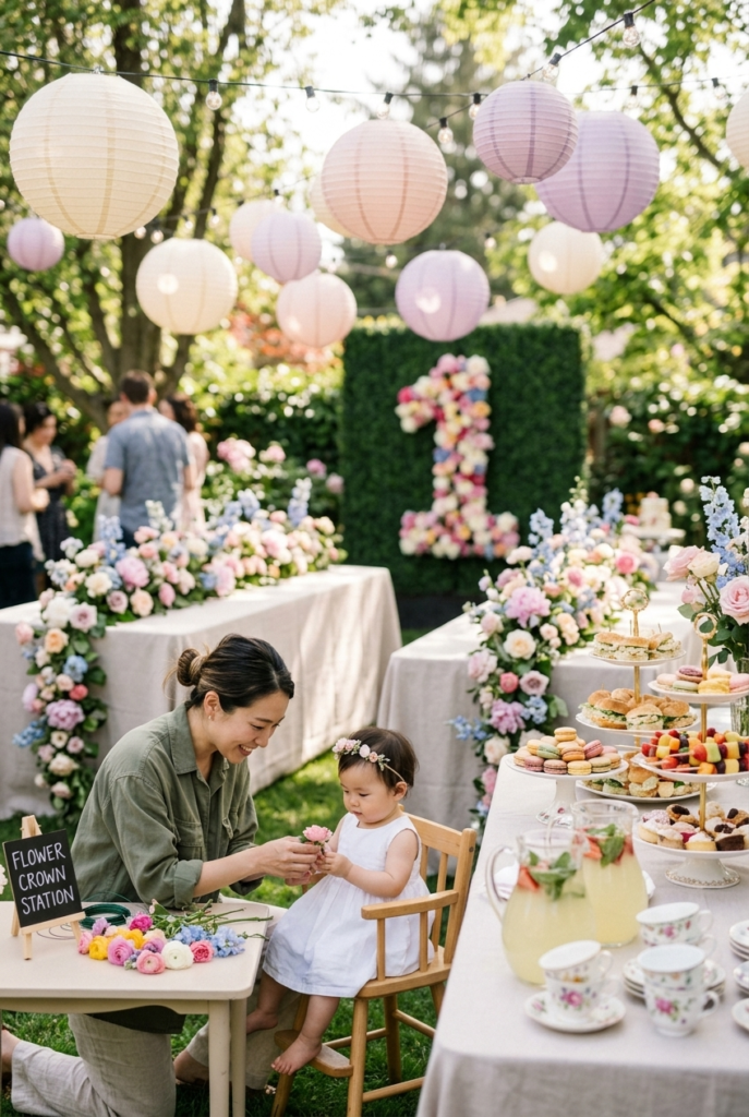 Japanese mother helping baby girl at a floral garden birthday party with pastel blooms lanterns and tiered food display