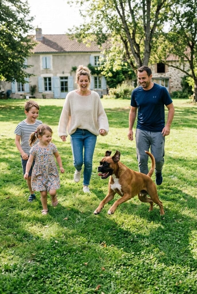 French family with husband wife and two kids laughing and running outdoors with a playful fawn Boxer in a sunny backyard