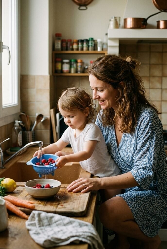 French mother and toddler rinsing berries together at the kitchen sink during meal preparation