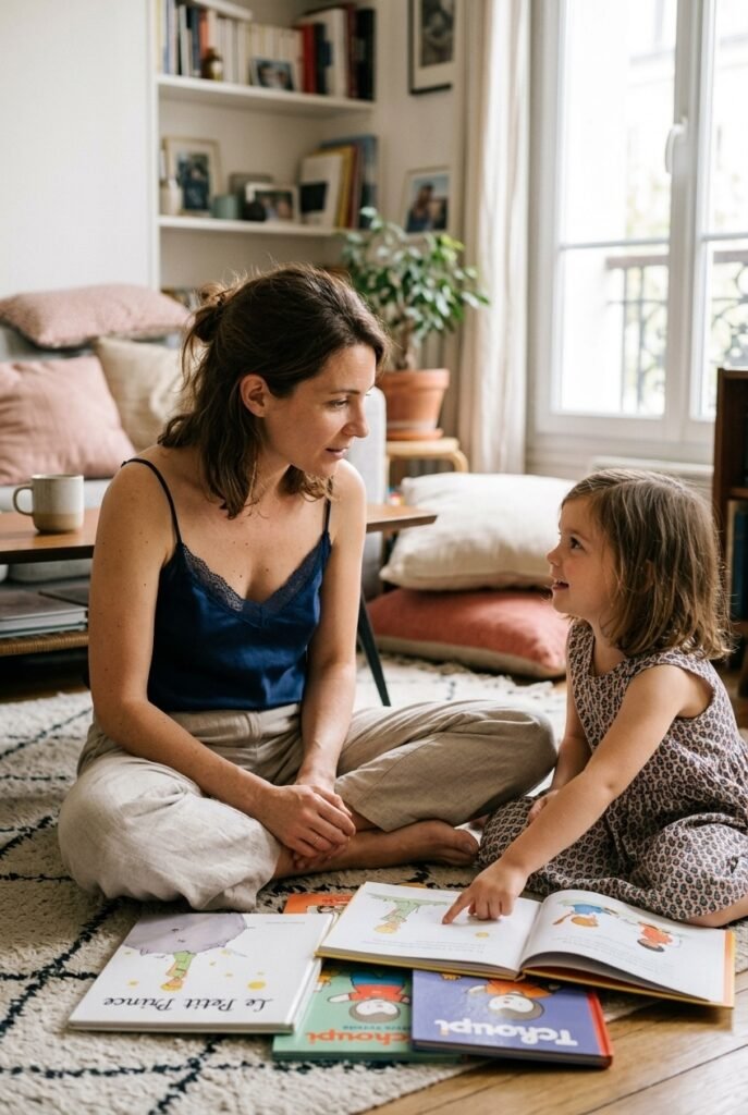 French mother listening attentively to her daughter choosing between colorful books on the living room floor
