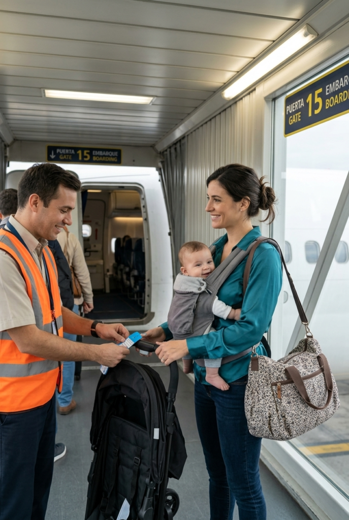 Argentine mother handing folded stroller to airline crew for gate check at jet bridge before boarding plane