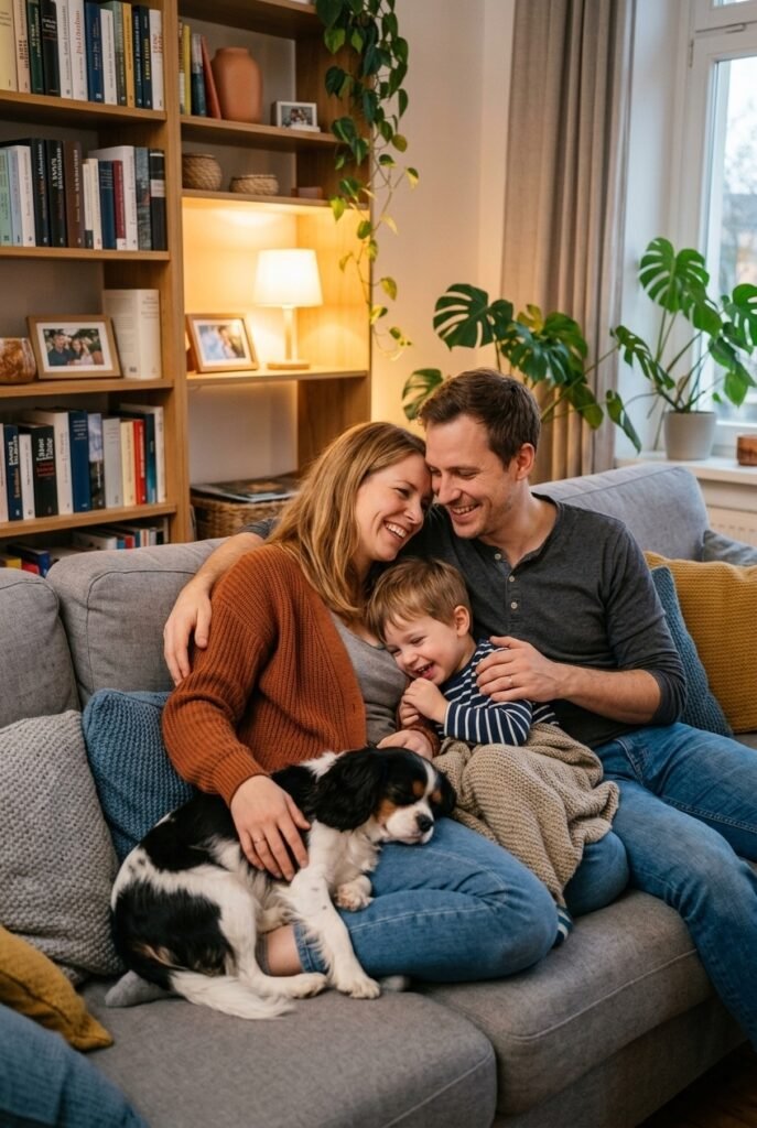 German family with husband wife and young child cuddling a Cavalier King Charles Spaniel on a cozy living room couch