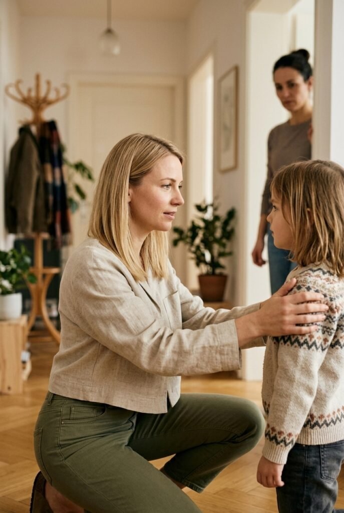 German stepmom kneeling to speak gently with young child at home while biological mother watches from background in blended family setting