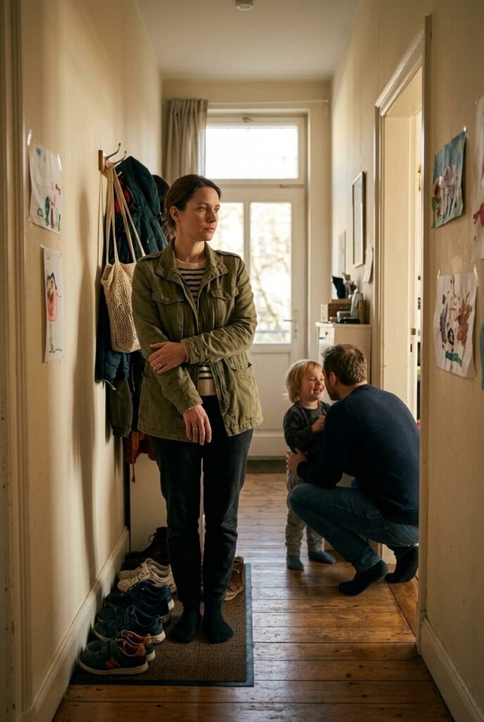 German stepmom standing in a hallway watching her husband talk to his child feeling left out