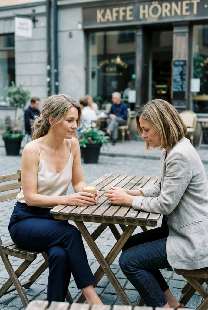 two women sitting at an outdoor café table in a calm and quietly settled coexistence