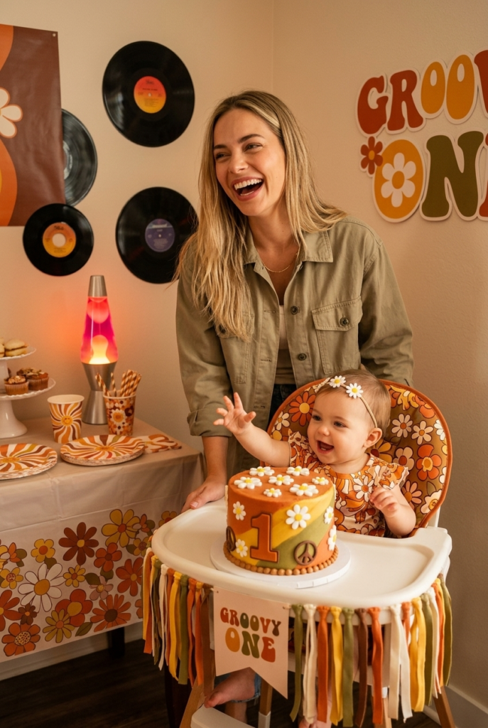 German mother laughing beside baby girl at a Groovy One retro birthday party with lava lamp vinyl records and daisy smash cake