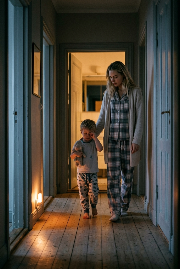 Swedish mother in pajamas guiding her sleepy toddler down a dimly lit hallway toward the bathroom at night
