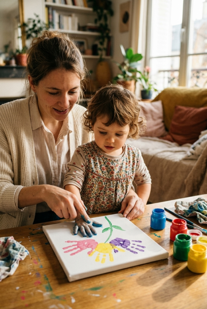 French mother pressing toddler girl's painted hand on canvas to make handprint flowers