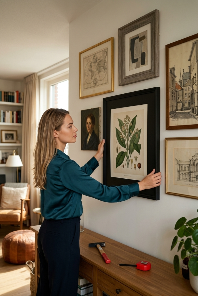 Dutch woman hanging a large botanical illustration in a matte black frame as part of an intentional gallery wall in her apartment