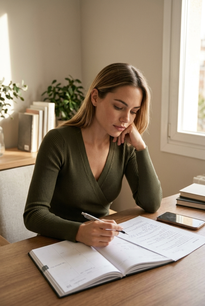 a woman sitting at a desk reviewing notes before an important co-parenting conversation