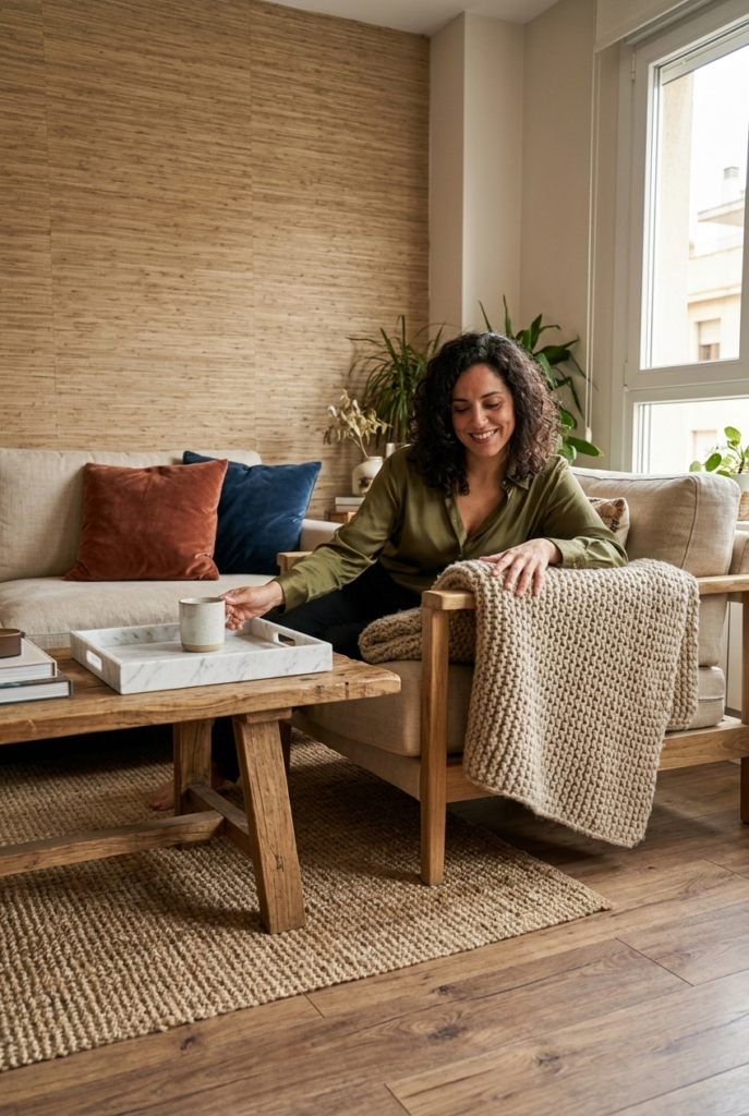 Spanish woman relaxing on a linen sofa surrounded by layered textures including velvet cushions knit throws and a marble tray