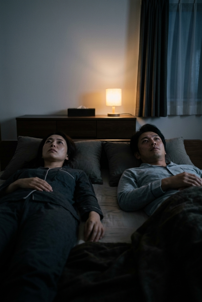 Japanese couple lying apart in bed with visible emotional distance between them