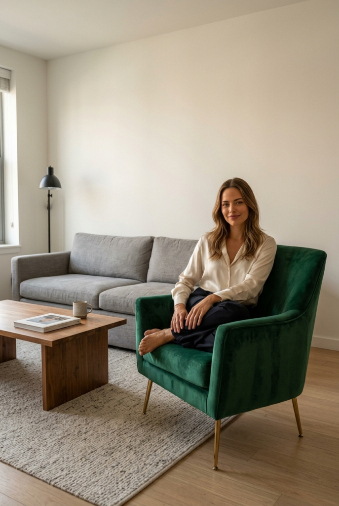 Brazilian woman sitting in a velvet accent chair as the statement furniture piece in a minimalist apartment living room