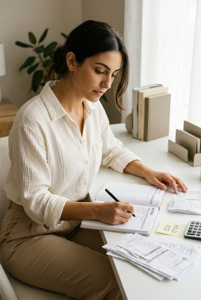 Italian bride writing in wedding budget planner with vendor invoices and reserve fund notes on desk
