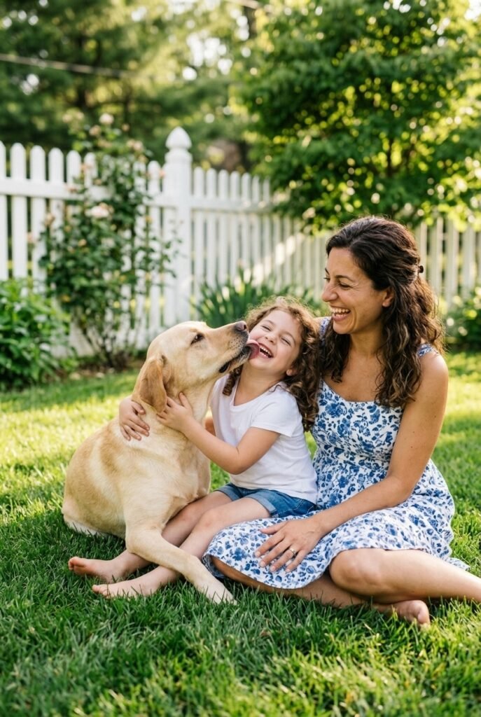 Italian mother and daughter laughing outdoors with a friendly yellow Labrador Retriever in a sunny backyard