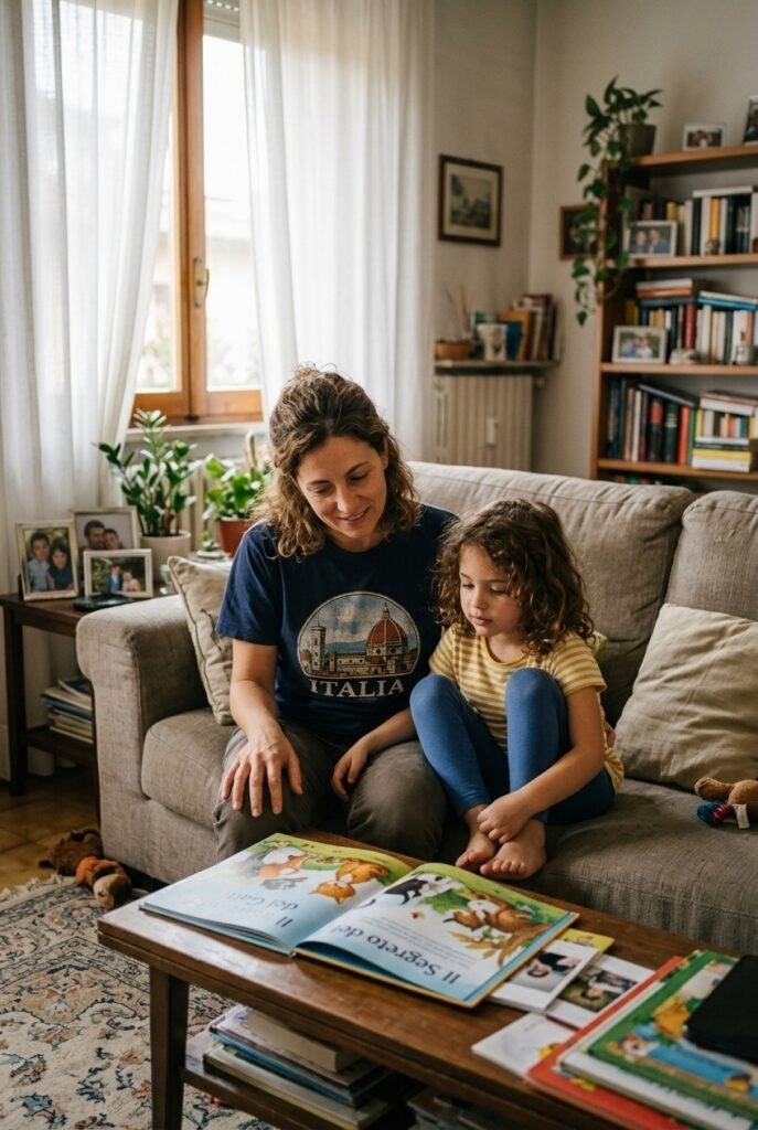Italian stepmom and young child sitting together on a couch looking at a book in a cozy living room
