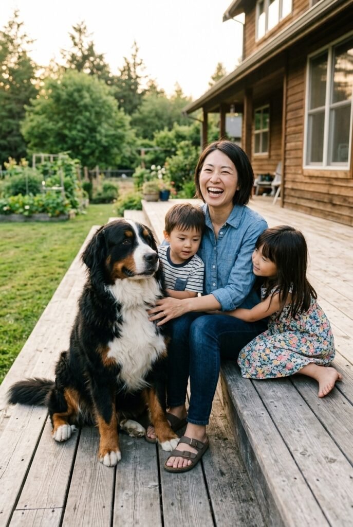 Japanese mother and two young children hugging a large gentle Bernese Mountain Dog on a sunny wooden porch