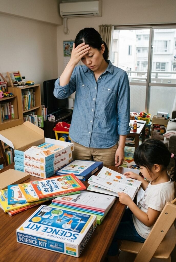 Japanese mother overwhelmed by a table full of homeschool curriculum boxes and workbooks