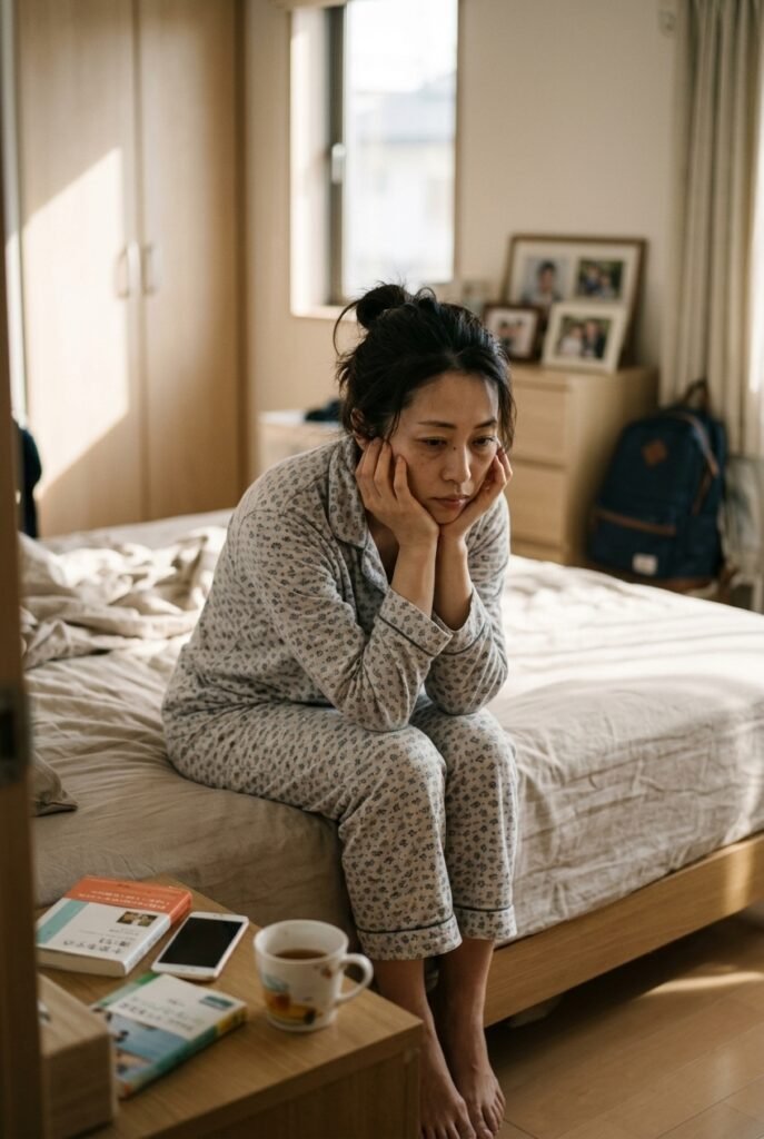 Japanese stepmom sitting on the edge of a bed with a tired and reflective expression in a family bedroom
