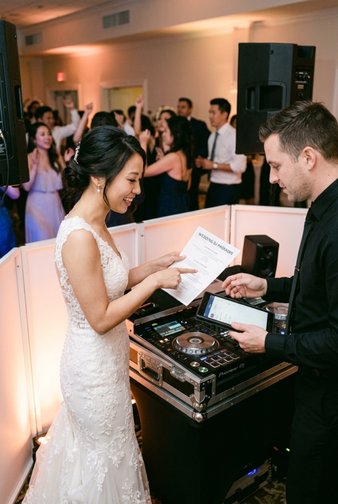 Chinese bride discussing DJ package options with a DJ at a wedding reception