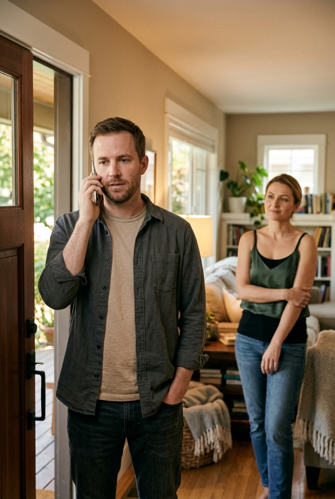 a man handling a phone call while a woman stands back relieved in a blended family home   Want to be notifi
