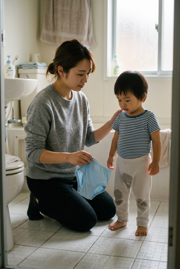 Japanese mother kneeling calmly beside her toddler after an accident with a reassuring hand on the child's shoulder