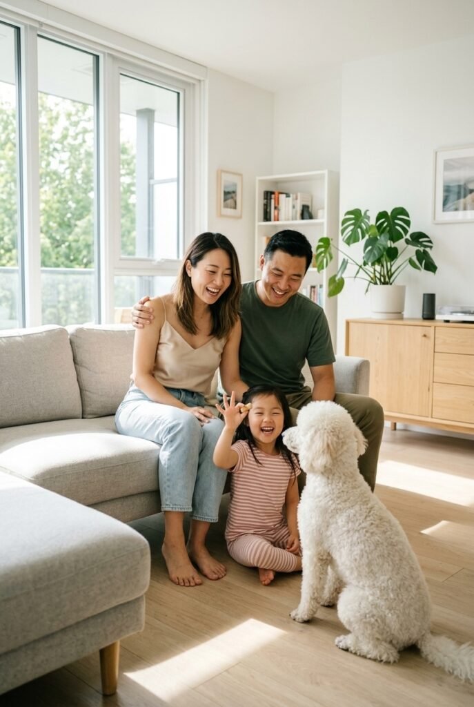 Korean family with husband wife and young daughter teaching tricks to a white Standard Poodle in a bright modern living room