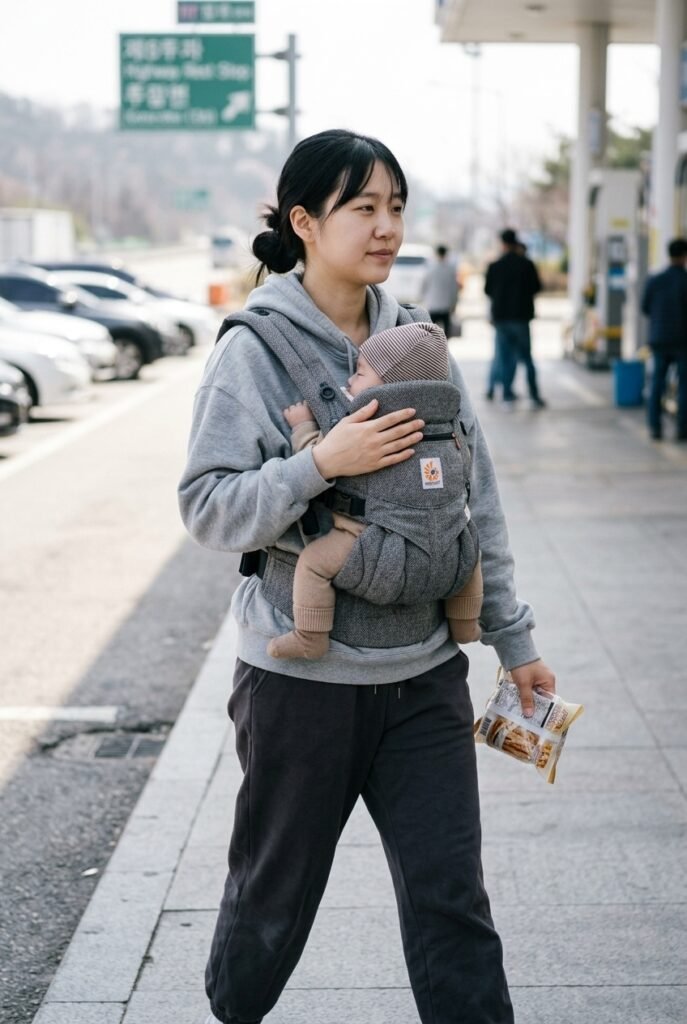 Korean mother walking at highway rest stop wearing structured baby carrier with infant secured against her chest