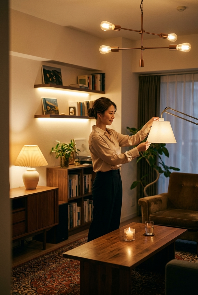 Japanese woman adjusting a sculptural floor lamp in a warmly lit apartment with layered lighting sources