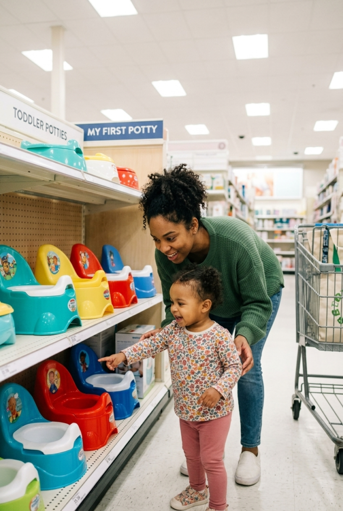 Black American mother crouching beside her toddler in a store aisle as the child points at colorful potty chairs on a shelf