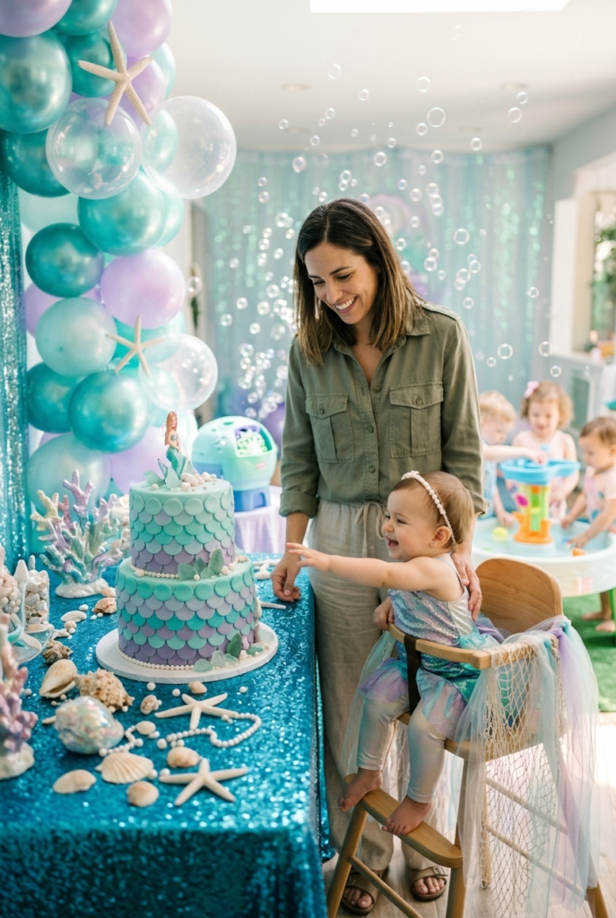 Spanish mother smiling beside baby girl at an ethereal mermaid birthday party with iridescent decor seashells and scaled cake