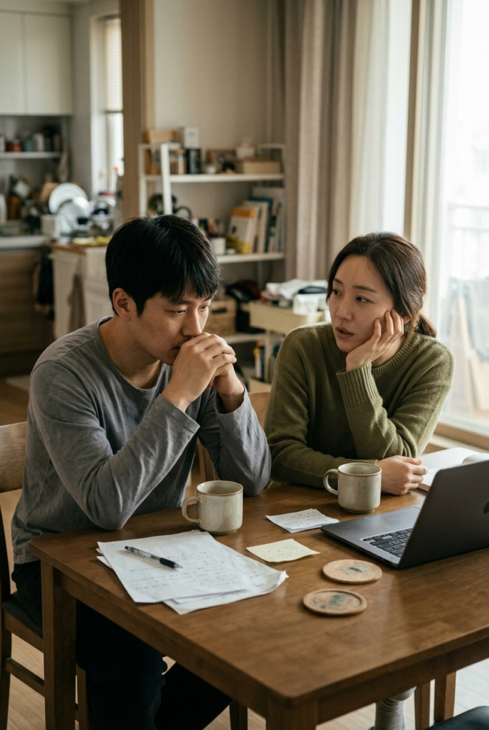 Korean couple having a calm honest conversation at home over coffee