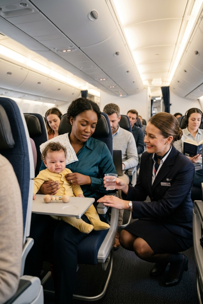Black British mother staying calm with fussy baby on lap while friendly flight attendant assists mid flight